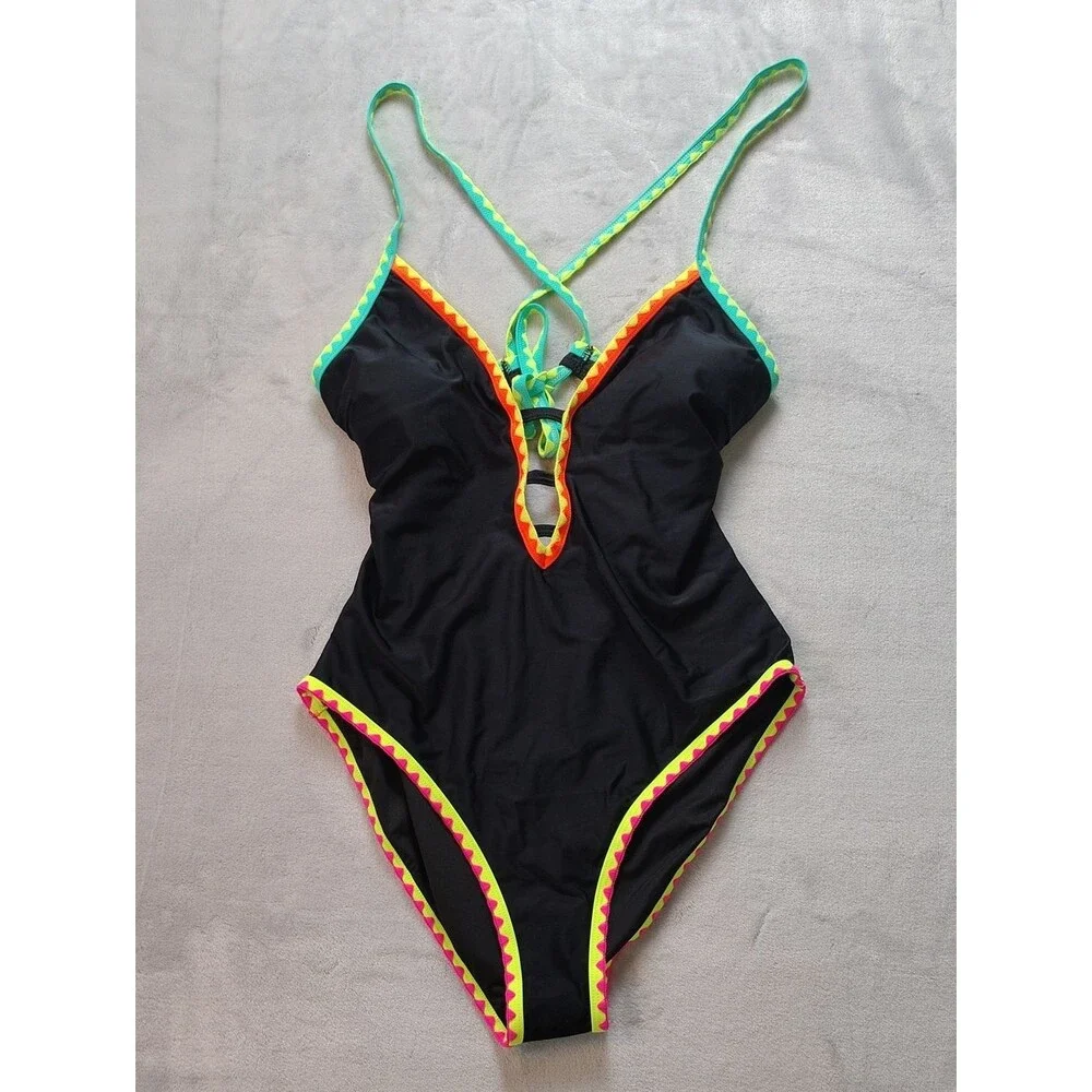 Popvil Black One Piece Tie Back Swimsuit with Multicolored Neon Trim Size XL New
